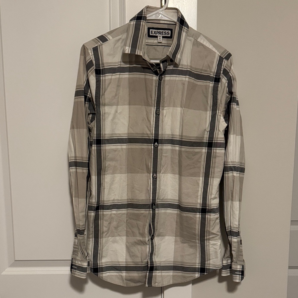 Express Black and Cream Plaid Casual Button Down Shirt